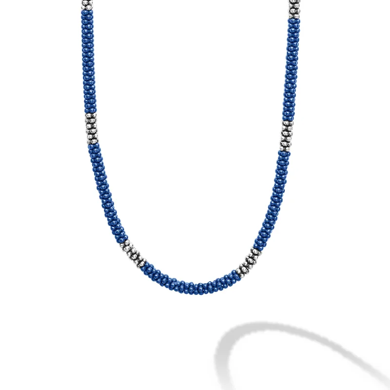 High bar necklaces-Lagos Blue Caviar 3mm Ultramarine Silver Station Ceramic Beaded Necklace