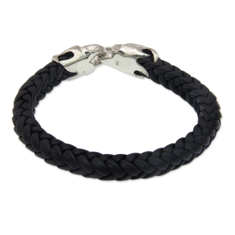 Oak grain bangles-Handmade Men's Leather Sterling Silver 'Tribal Strength' Bracelet (Indonesia)