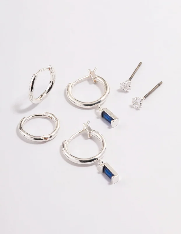 Lily motif earrings-Silver Plated Brass  Cubic Zirconia Sapphire Cut Huggie Earrings 6-Pack