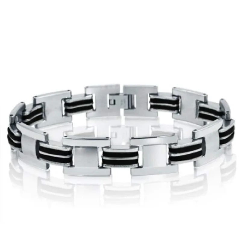 Shiny word bangles-Oxford Ivy Stainless Steel with Black Rubber Mens Chain Link Bracelet 8 1/2 inches