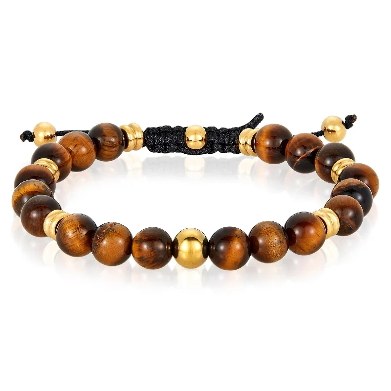 Multi-chain bangles-Tiger's Eye Stone and Stainless Steel Beaded Adjustable Bracelet (8mm)