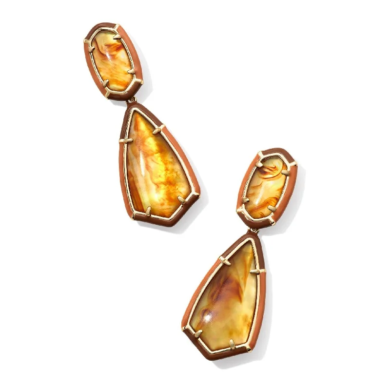 Radiant star earrings-Kendra Scott | Camry Gold Enamel Frame Statement Earrings in Marbled Amber Illusion