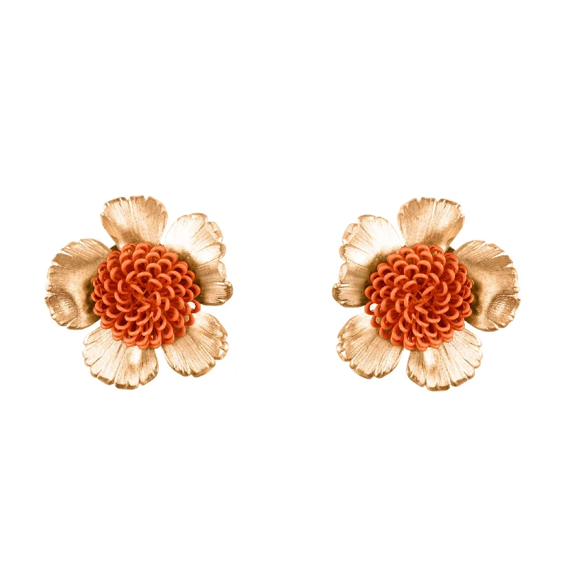 Textured disc earrings-Orange Floral Pompom Earrings