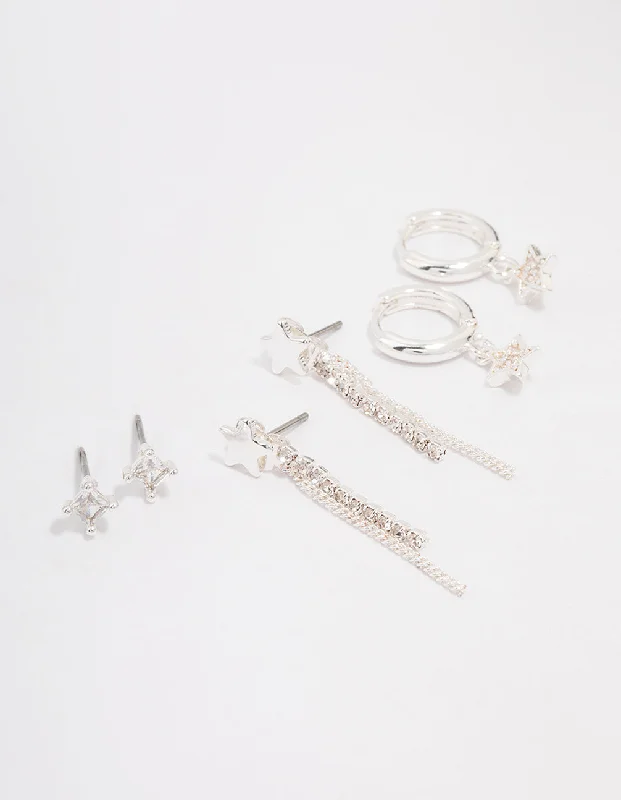 Sleek drop earrings-Silver Plated Brass  Star Chain Earring 3-Pack