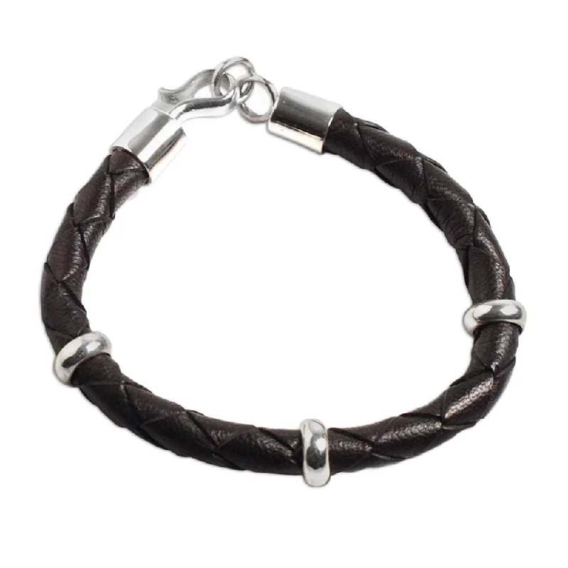 Multi-chain bangles-Handmade Bold Black Leather Sterling Silver Bracelet (Peru)