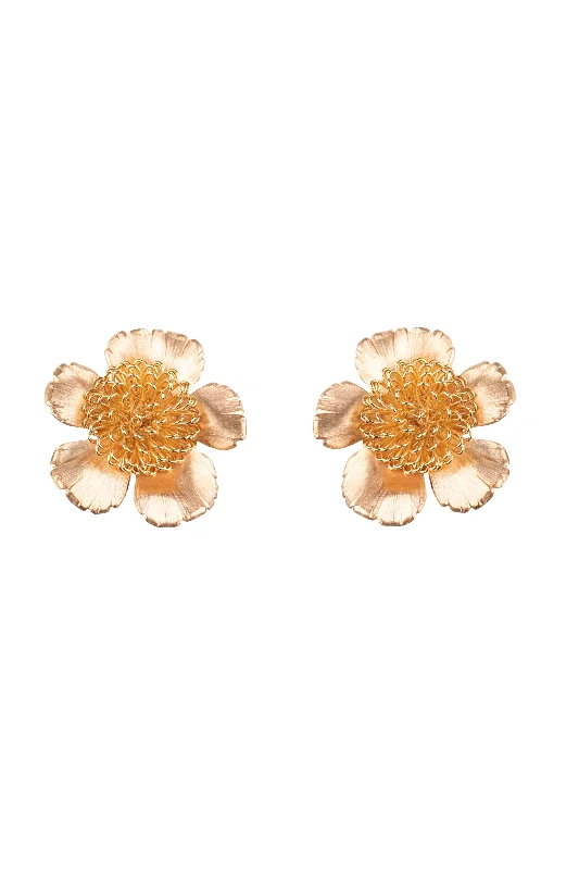 Light wood earrings-Gold Floral Pompom Earrings