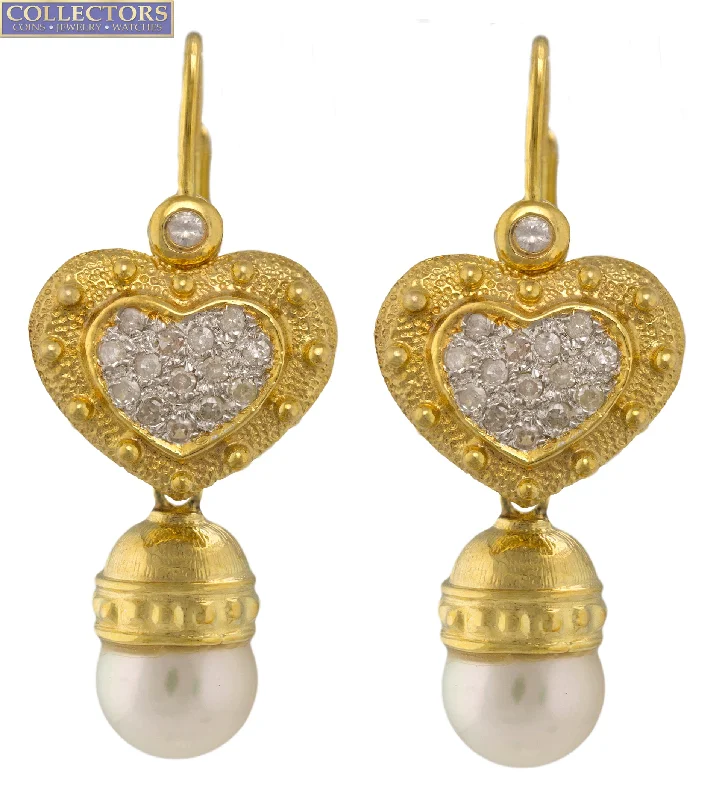 Shiny pearl earrings-Ladies 14K 585 Yellow Gold 0.62ctw Diamond Heart Pearl Drop Dangle Earrings