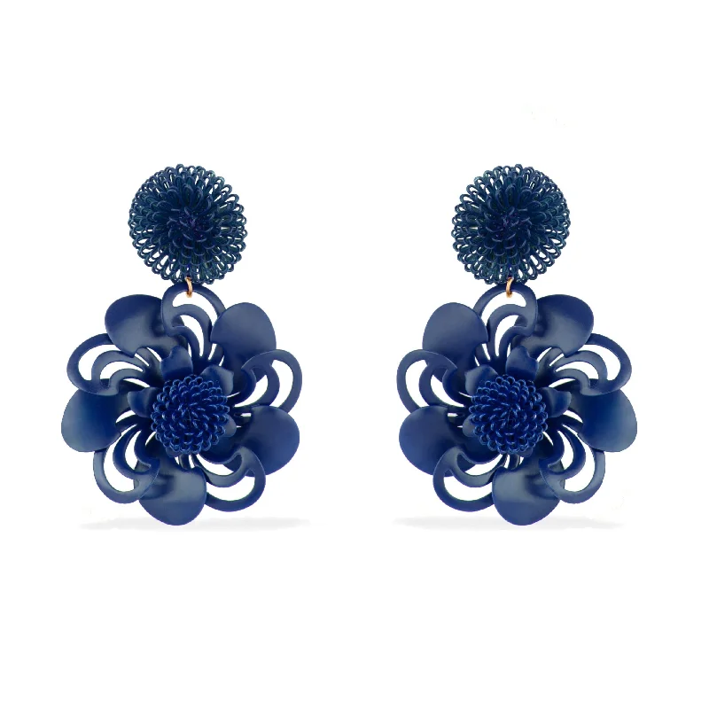 Baroque pearl earrings-Blue Pompom Flower Earrings