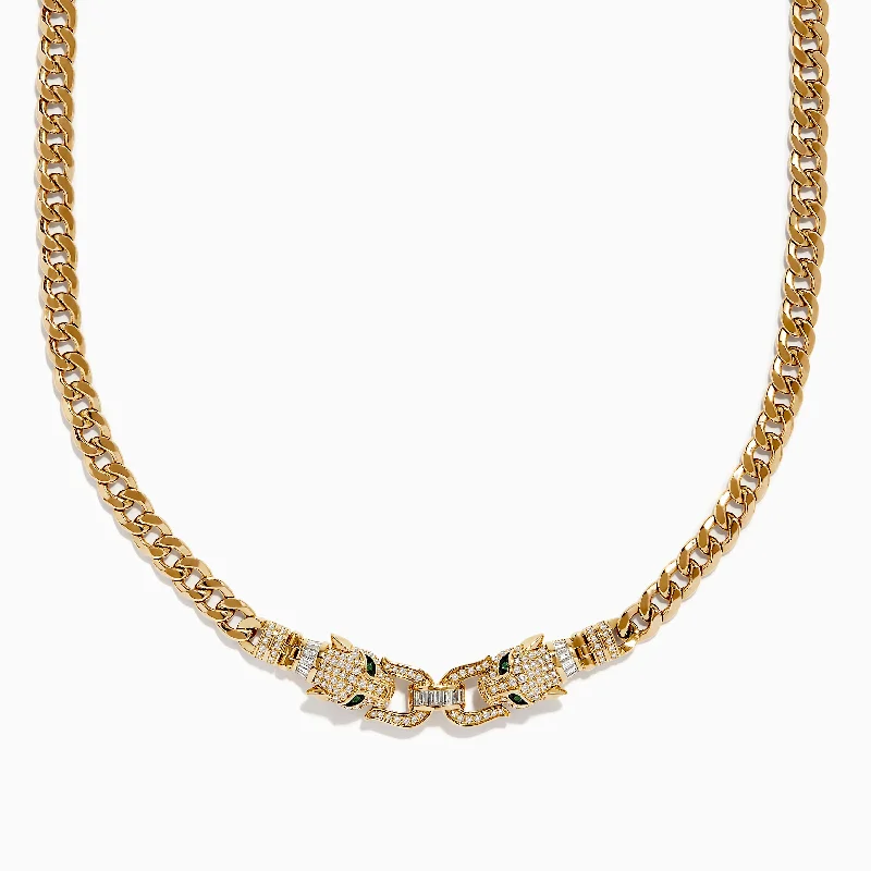 Chunky gem necklaces-Signature 14K Yellow Gold Diamond and Emerald Panther Necklace