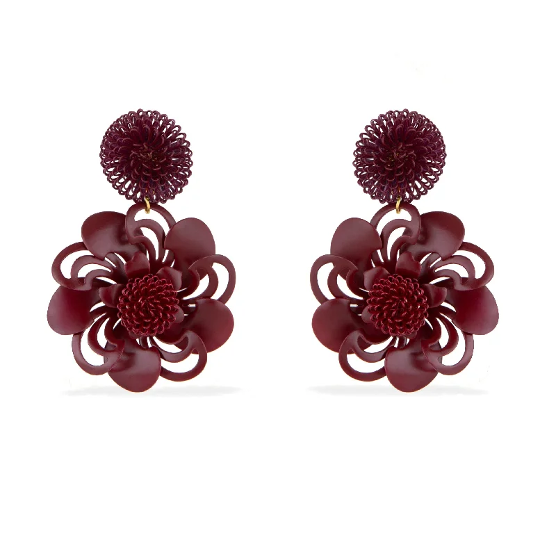 Raven feather earrings-Burgundy Pompom Flower Earrings