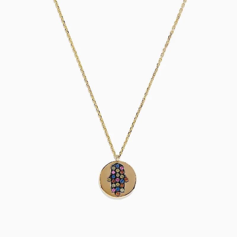 Twist clasp necklaces-14K Yellow Gold Multi Sapphire and Diamond Hamsa Necklace, 0.33 TCW