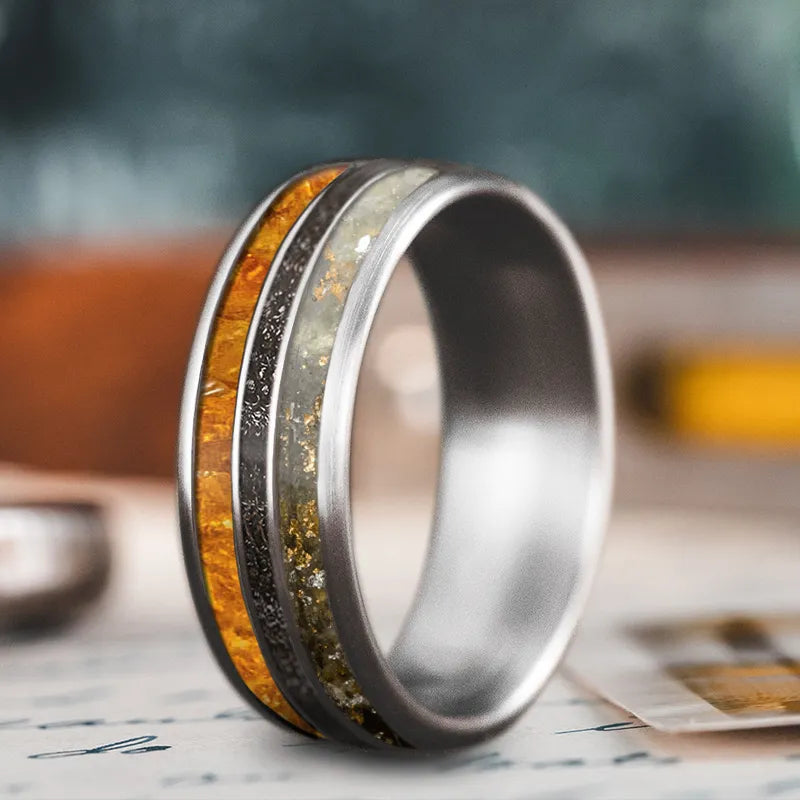 Patina bronze rings-Custom Design - 3-Inlay Narrow Center Ring -BFWAKKFNOLoYBPqNMNeqP_Q