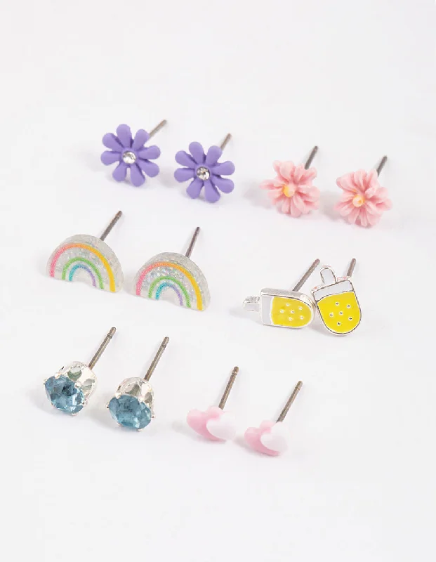 Woven thread earrings-Kids Silver Rainbow Ice Cream Stud Earrings 6-Pack