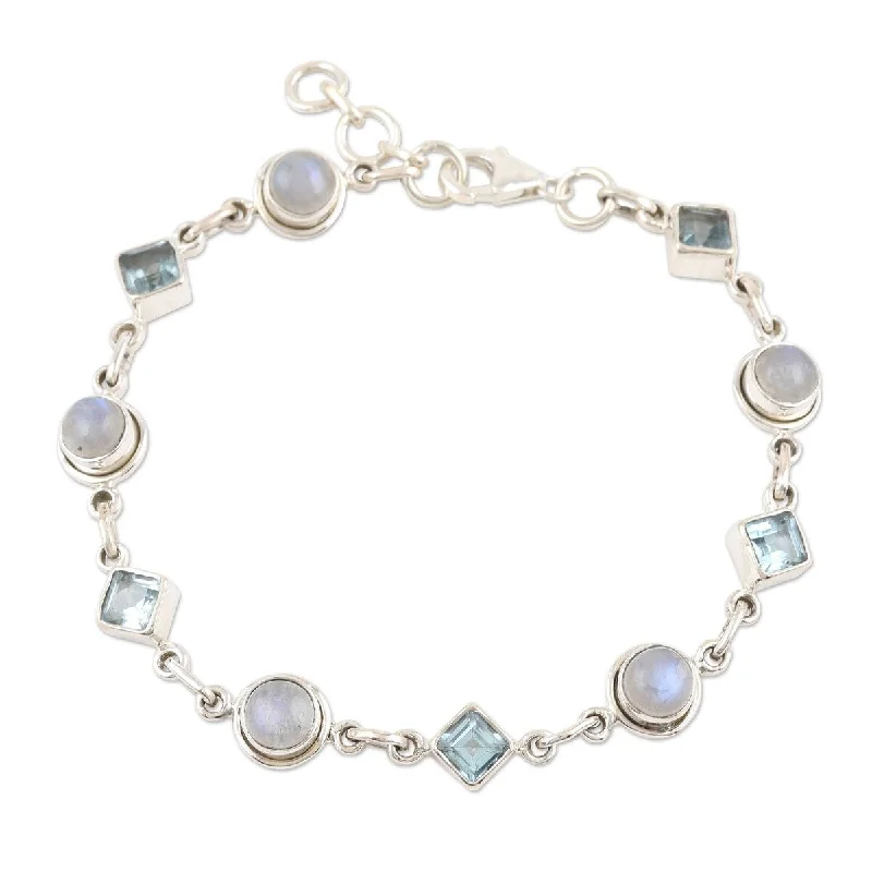 Bold gem bangles-NOVICA Glowing Geometry, Rainbow moonstone and blue topaz link bracelet