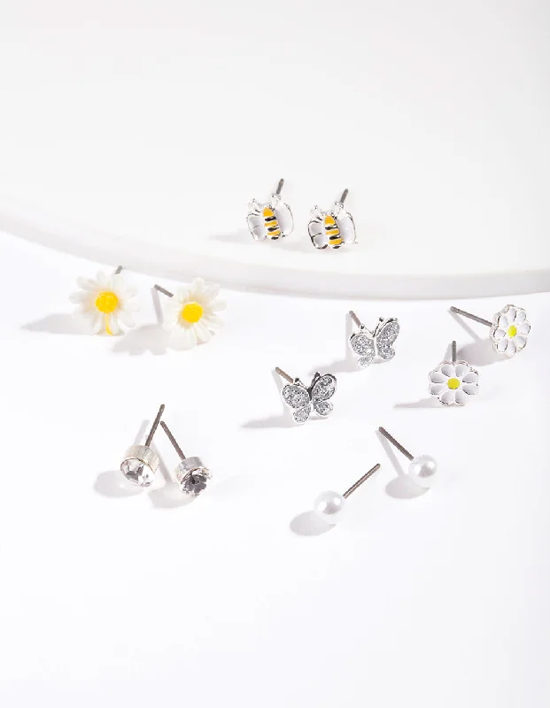 Onyx drop earrings-Kids Silver Daisy Stud Earring 6-Pack