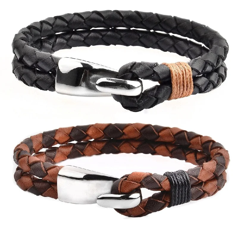 Twist charm bangles-Men's Stainless Steel Braided Leather Bracelet (11mm Wide)