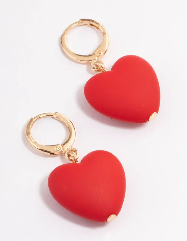 Petal hoop earrings-Gold Red Bubble Heart Huggie Earrings