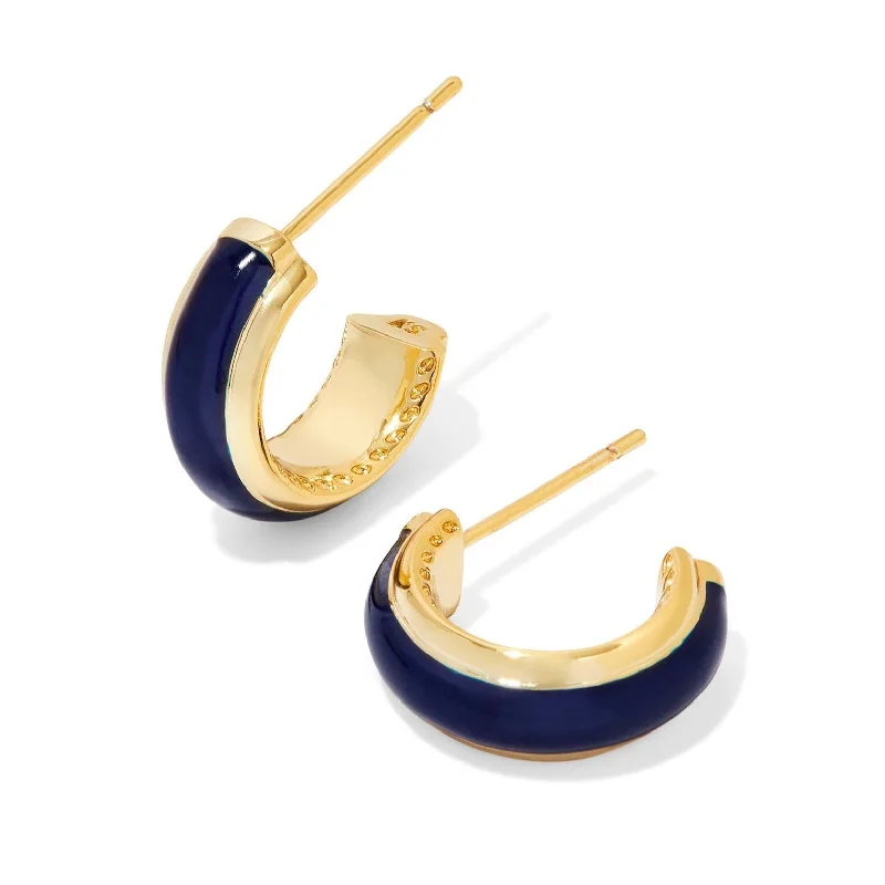 Light wood earrings-Kendra Scott | Ainsley Gold Huggie Earrings in Navy Enamel