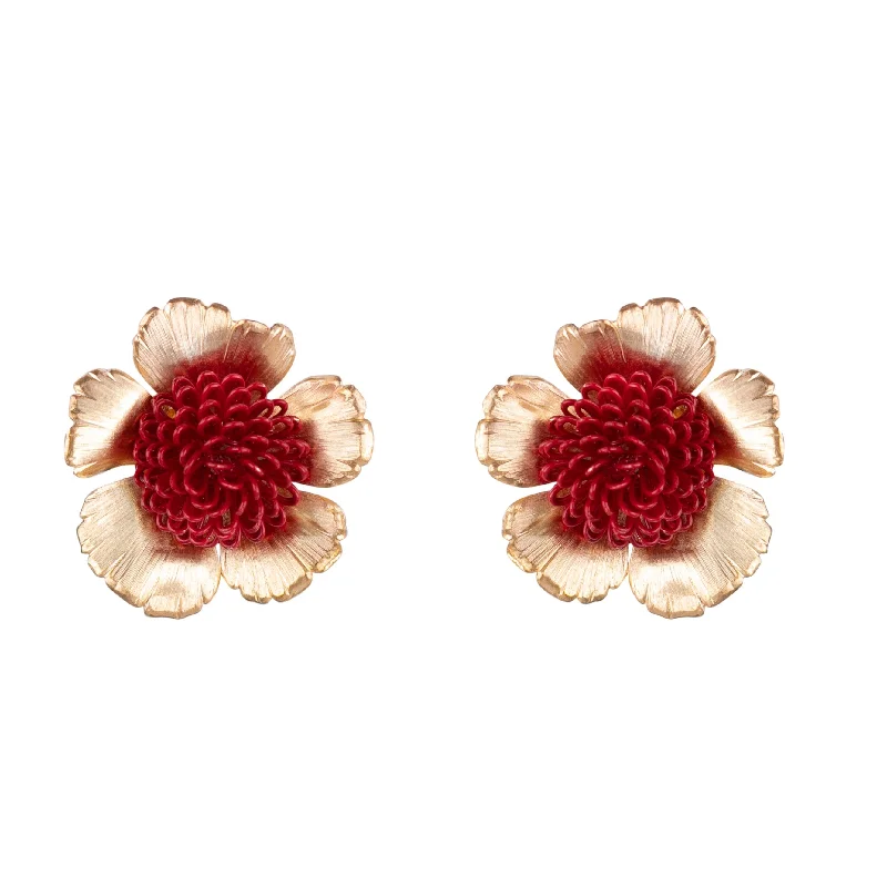 Mystic eye earrings-Red Floral Pompom Earrings