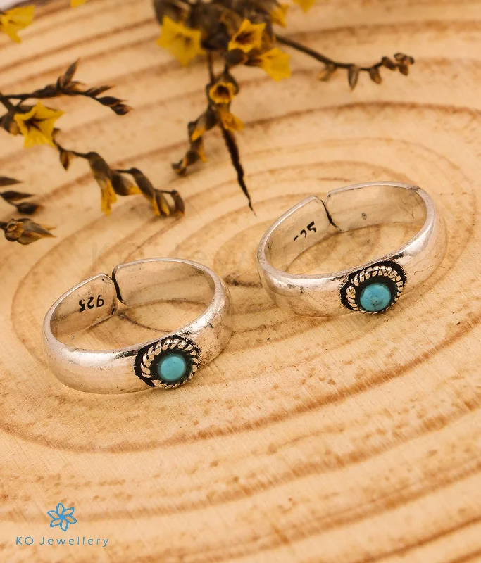 Beaded edge engagement rings-The Mihir Silver Toe-Rings (Turquoise)