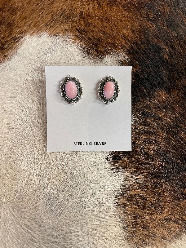 Crystal-twisted earrings-Pink Opal Oval Stud Earrings