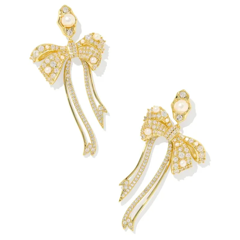 Morganite earrings-Kendra Scott | Krista Gold Bow Statement Earrings in White Mix