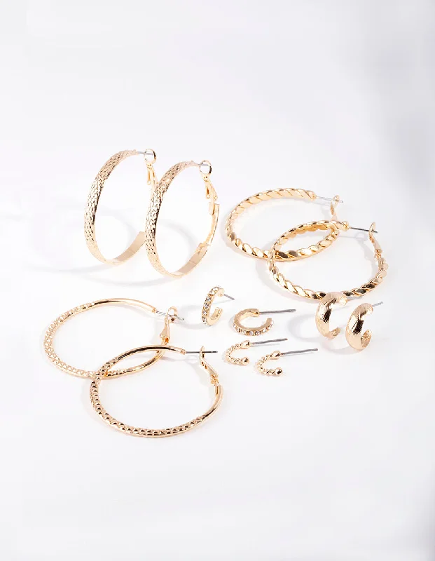 Solid hoop earrings-Gold Etched Twist Hoop Earring 6-Pack