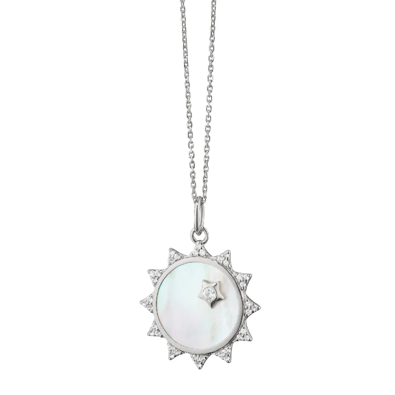 Petal design necklaces-Mother of Pearl Sapphire "Happiness" Sun Charm Necklace