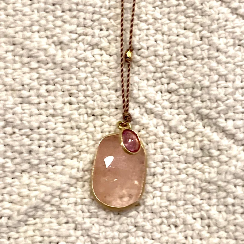 Loop knot necklaces-One of a Kind 14K Gold Framed Morganite with Tourmaline on Cord Necklace