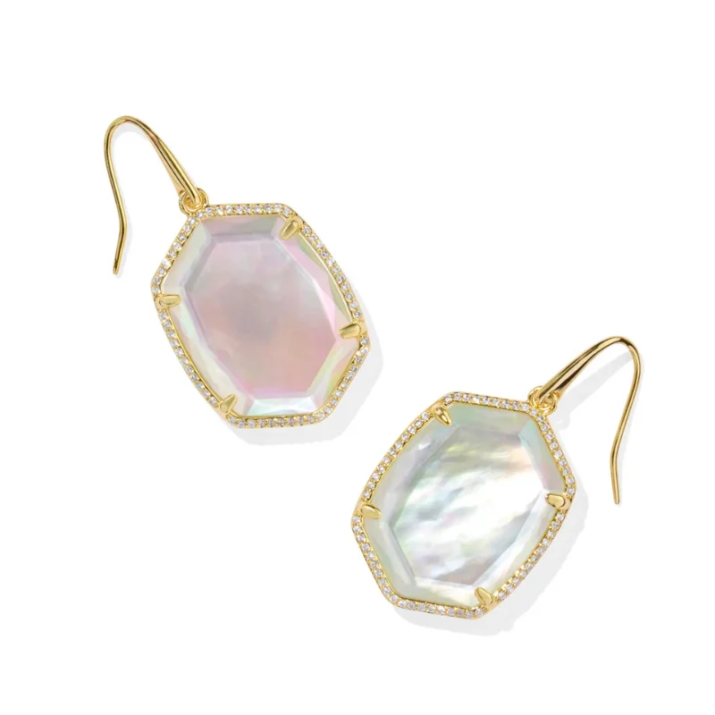 Bead weave earrings-Kendra Scott | Daphne Pave Frame Gold Drop Earrings in Iridescent Ivory Illusion