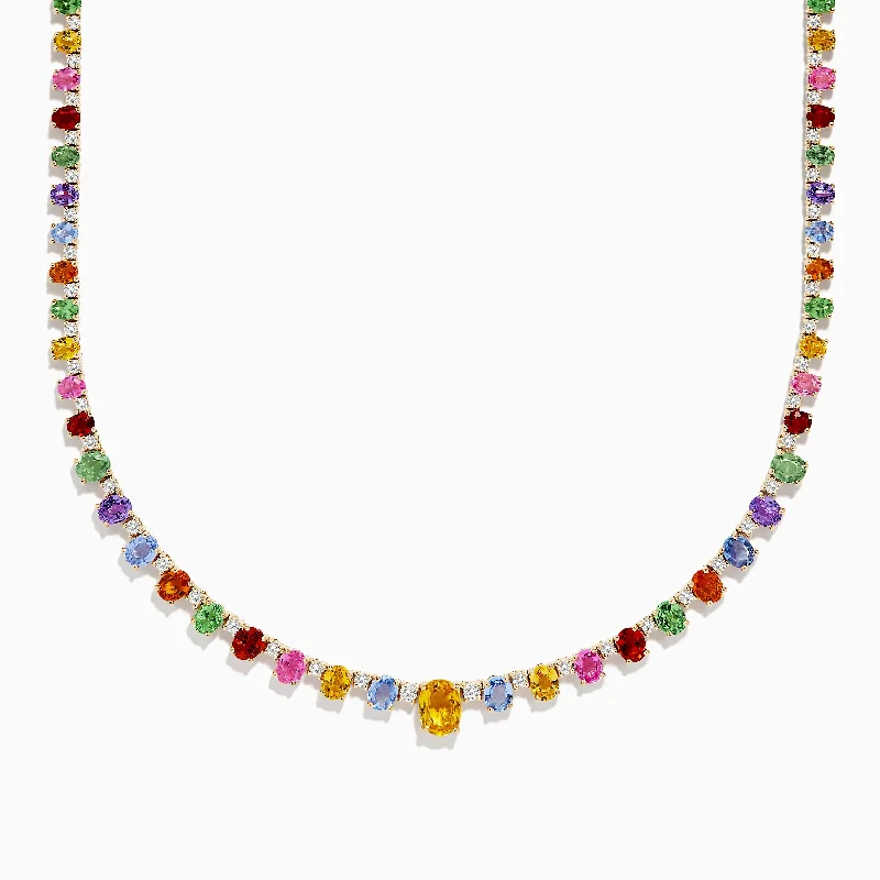 Chunky gem necklaces-Watercolors 14K Gold Multi Sapphire and Diamond Necklace