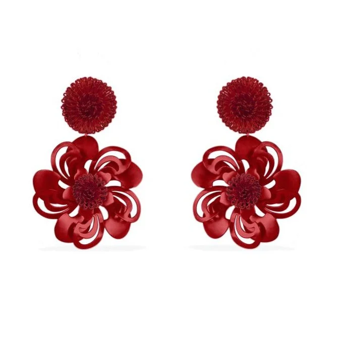 Thick cuff earrings-Red Pompom Flower Earrings