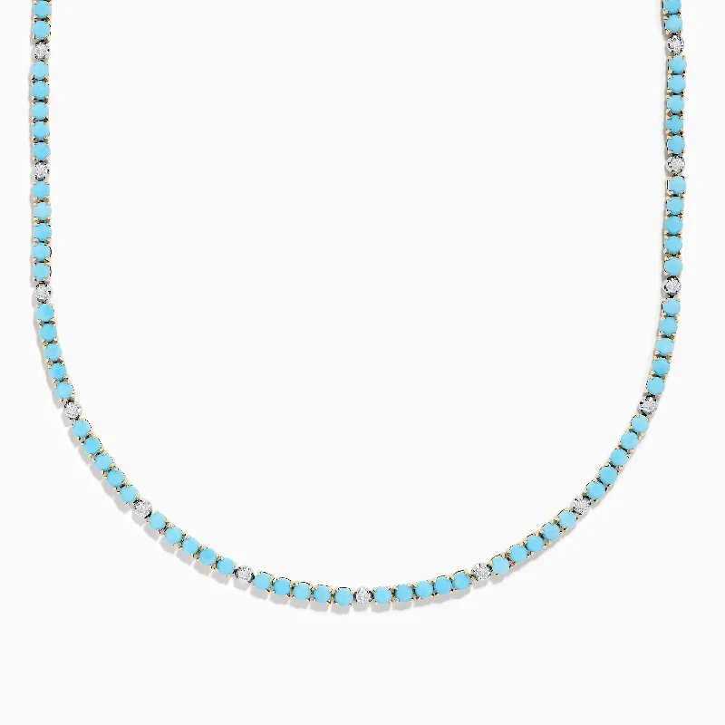 Ripple pattern necklaces-14k Yellow Gold Turquoise and Diamond Tennis Necklace