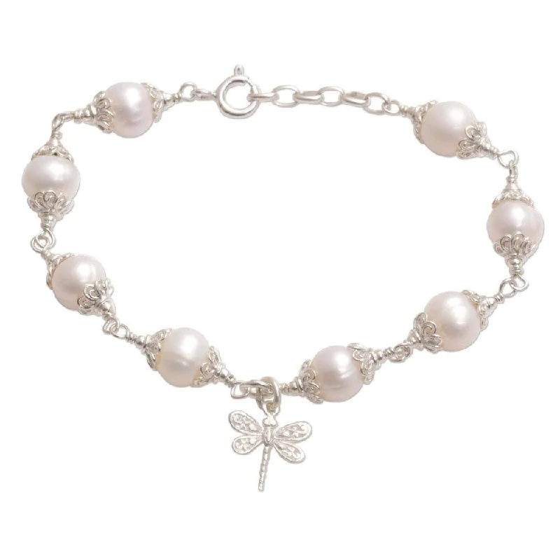 Pink gold bangles-NOVICA Handmade Sterling Silver Moonlight Dragonfly Cultured Pearl Bracelet (Indonesia) - White