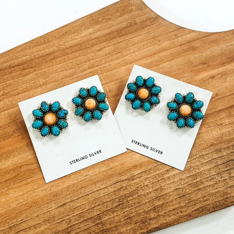 Silk cord earrings-Kirby Nez | Navajo Handmade Sterling Silver Flower Cluster Earrings with Kingman Turquoise and Spiny Oyster Stones