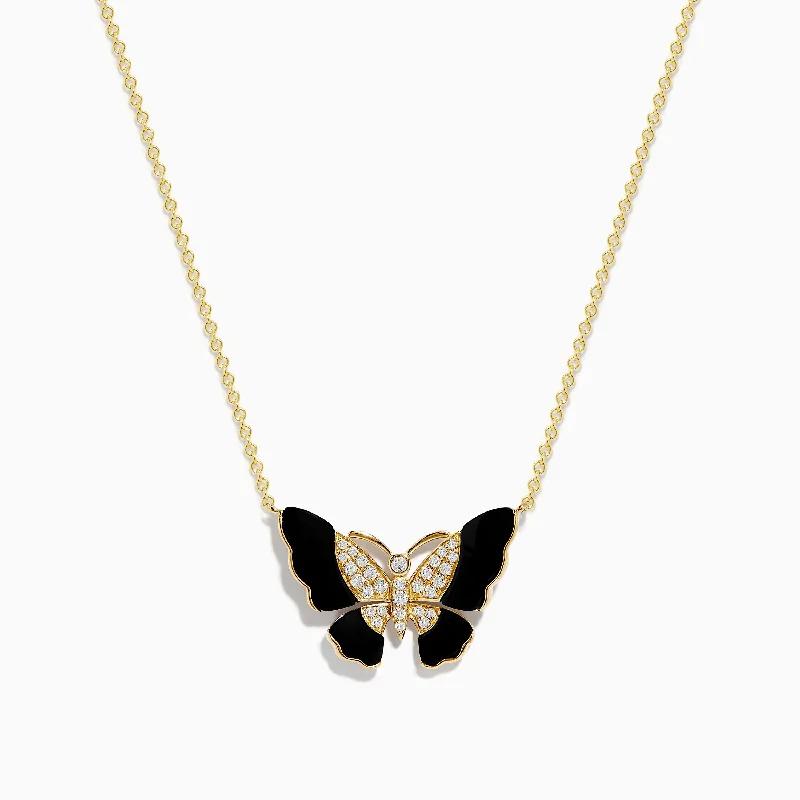 Fluid design necklaces-Nature 14K Yellow Gold Onyx and Diamond Butterfly Necklace