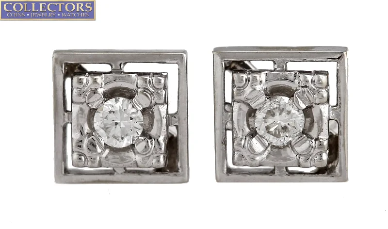 Radiant star earrings-Ladies Vintage Estate 14K White Gold 0.20ctw Diamond Square Stud Earrings