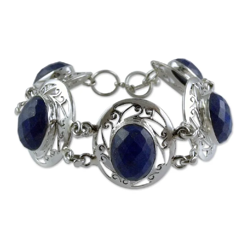 Glossy silver bangles-Handmade Seductive Blue Sterling Silver Lapis Lazuli Bracelet (India)