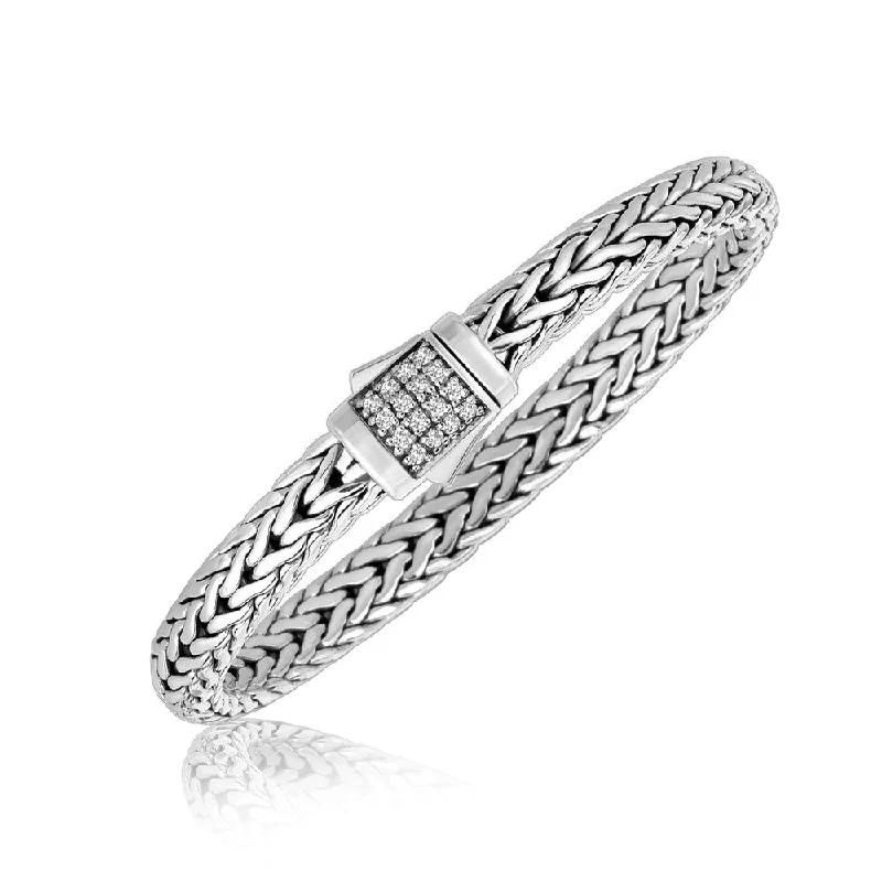 Etched letter bangles-Sterling Silver Braided Style Men's Bracelet with White Sapphire Stones