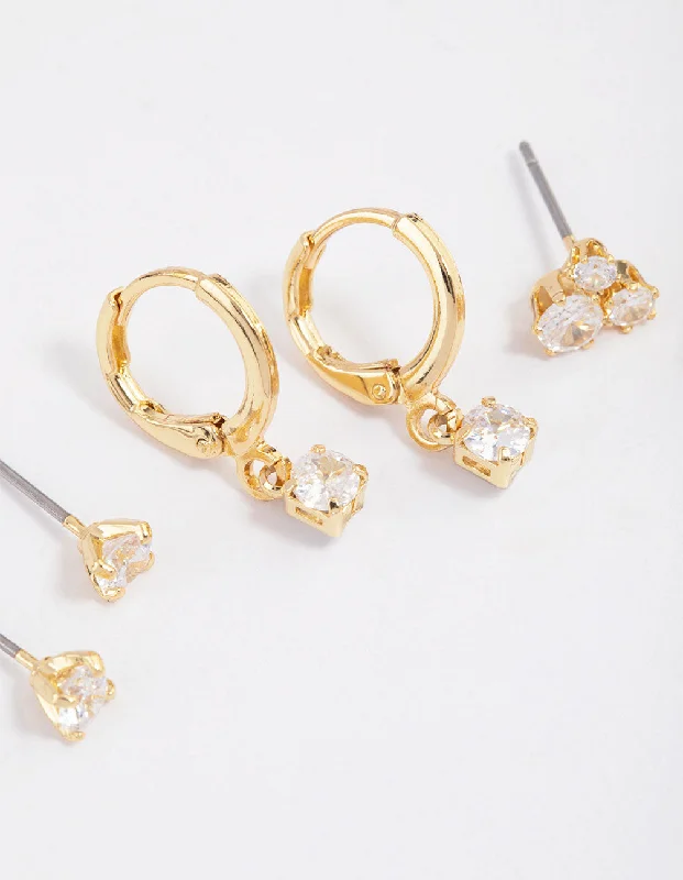 Surf motif earrings-Gold Plated Brass Cubic Zirconia Trio Stud Earrings 6-Pack