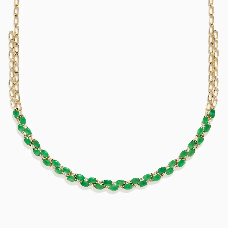 Long pendant necklaces-14K Yellow Gold Emerald and Diamond Necklace