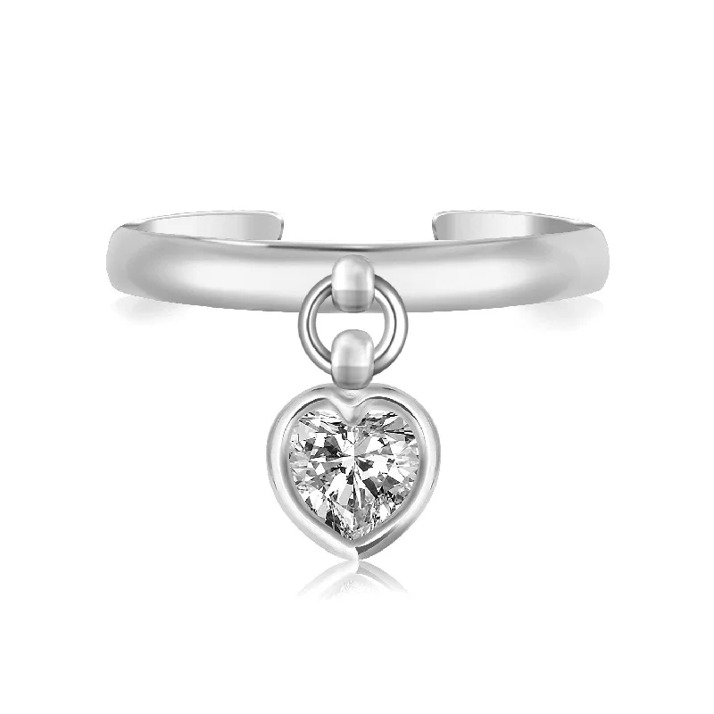 Fox motif engagement rings-Sterling Silver Rhodium Finished Heart Cubic Zirconia Charm Toe Ring