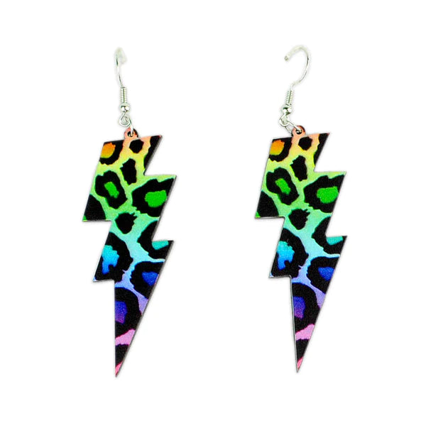 Solid hoop earrings-Rainbow Cheetah Lighting Bolt Earrings