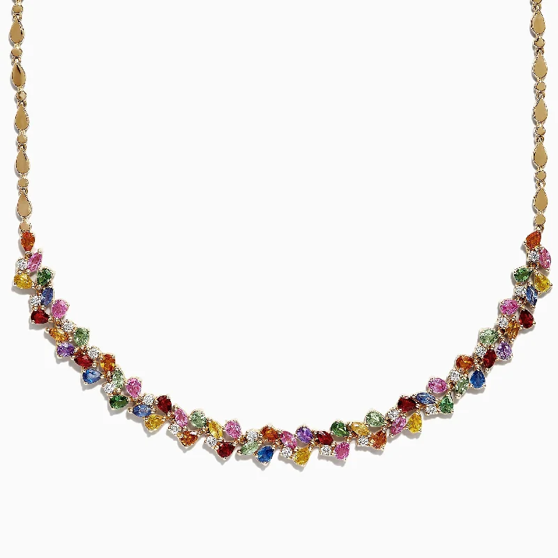 Square shape necklaces-Watercolors 14K Gold Multi Sapphire & Diamond Necklace, 12.94 TCW