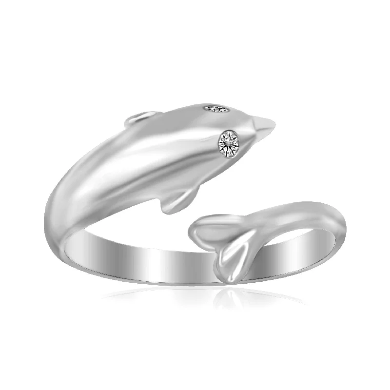 Light filigree engagement rings-Sterling Silver Rhodium Plated Dolphin Design Polished Open Toe Ring