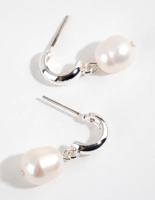 Petal pattern earrings-Silver Plated Freshwater Pearl Drop Huggie Earrings