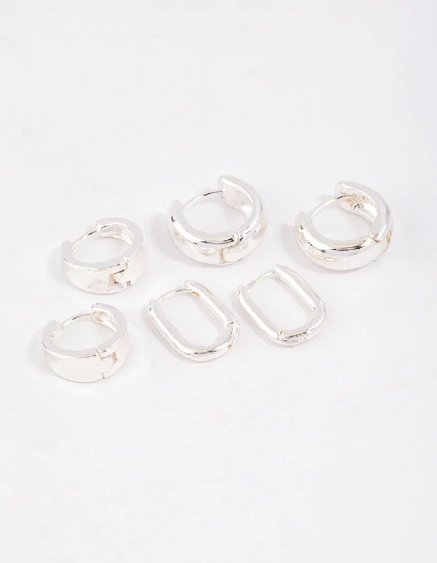 Topaz stud earrings-Silver Plated Brass  Basic Huggie Earrings 6-Pack