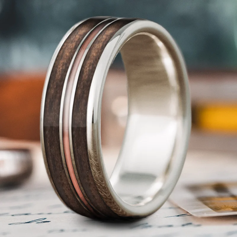 Light wood rings-Custom Design - 3-Inlay Metal Center Ring y_adNom8ivzv5YgZXTa6MDdB