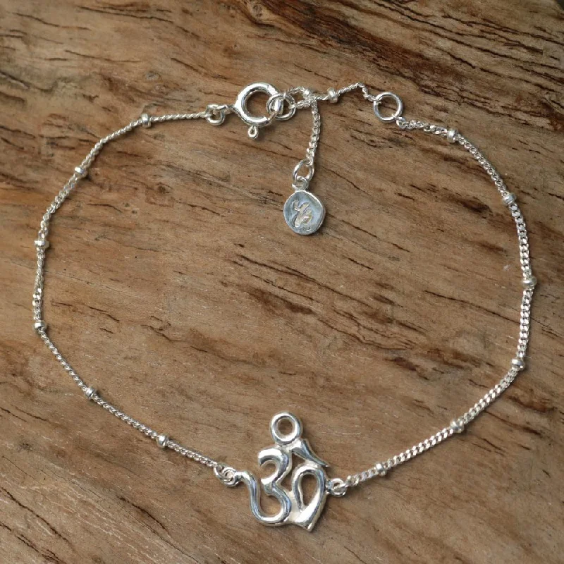 Glossy silver bangles-Handmade Sterling Silver 'Centered Om' Bracelet (Indonesia) - 7'6" x 9'6"