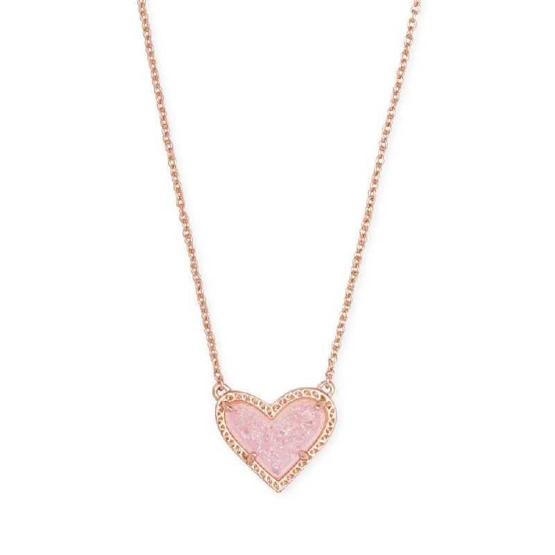 Old medallion necklaces-Kendra Scott Ari Heart Short Pendant Necklace Rose Gold Pink Drusy